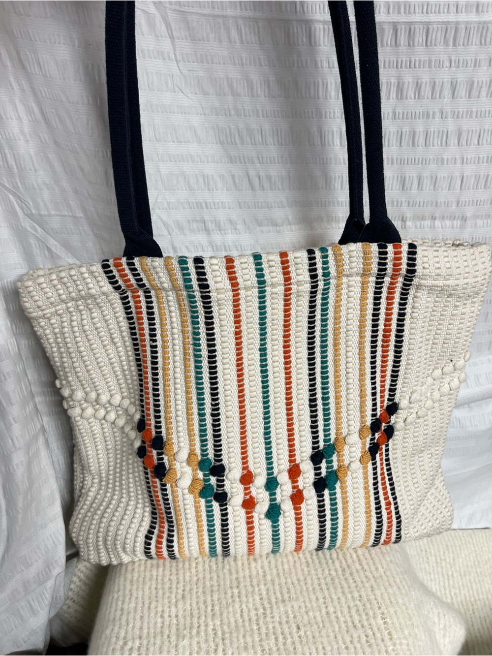 Universal Thread Cream Woven Tote with Teal, Orange & Navy Stripes